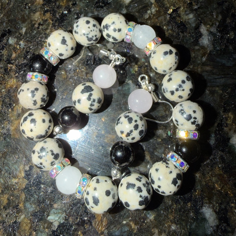 Dalmatian Jasper and Black Bead Bracelet Set